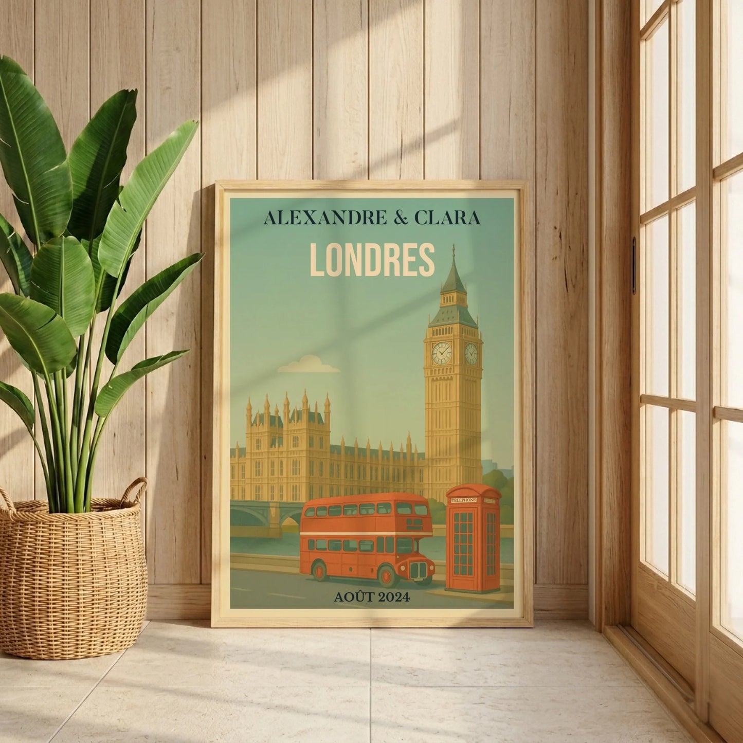 Affiche voyage couple Londres personnalisée – Big Ben & bus rouge vintage