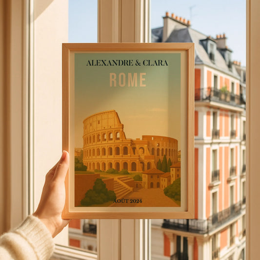 Affiche voyage couple Rome personnalisée – Colisée & paysage italien vintage