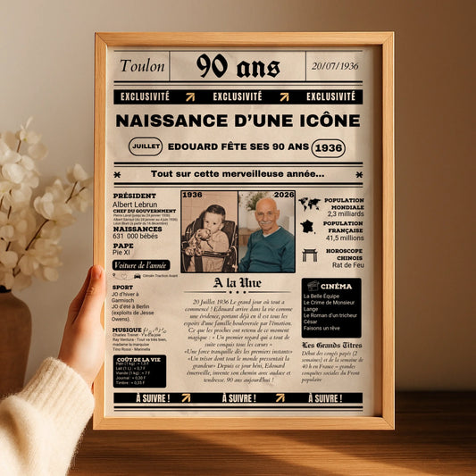 Affiche Personnalisée Anniversaire 90 Ans Journal. Cadeau anniversaire 90 ans