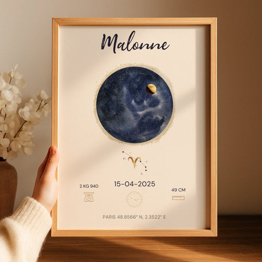 Affiche Naissance Personnalisée — Prénom, Heure, Poids et Taille avec Carte du Ciel