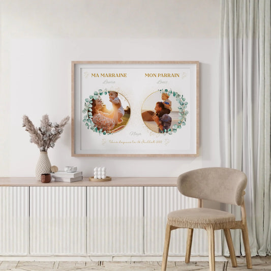 Affiche personnalisée - parrain et marraine avec photos - Baptême champêtre bohème EUCALYPTUS