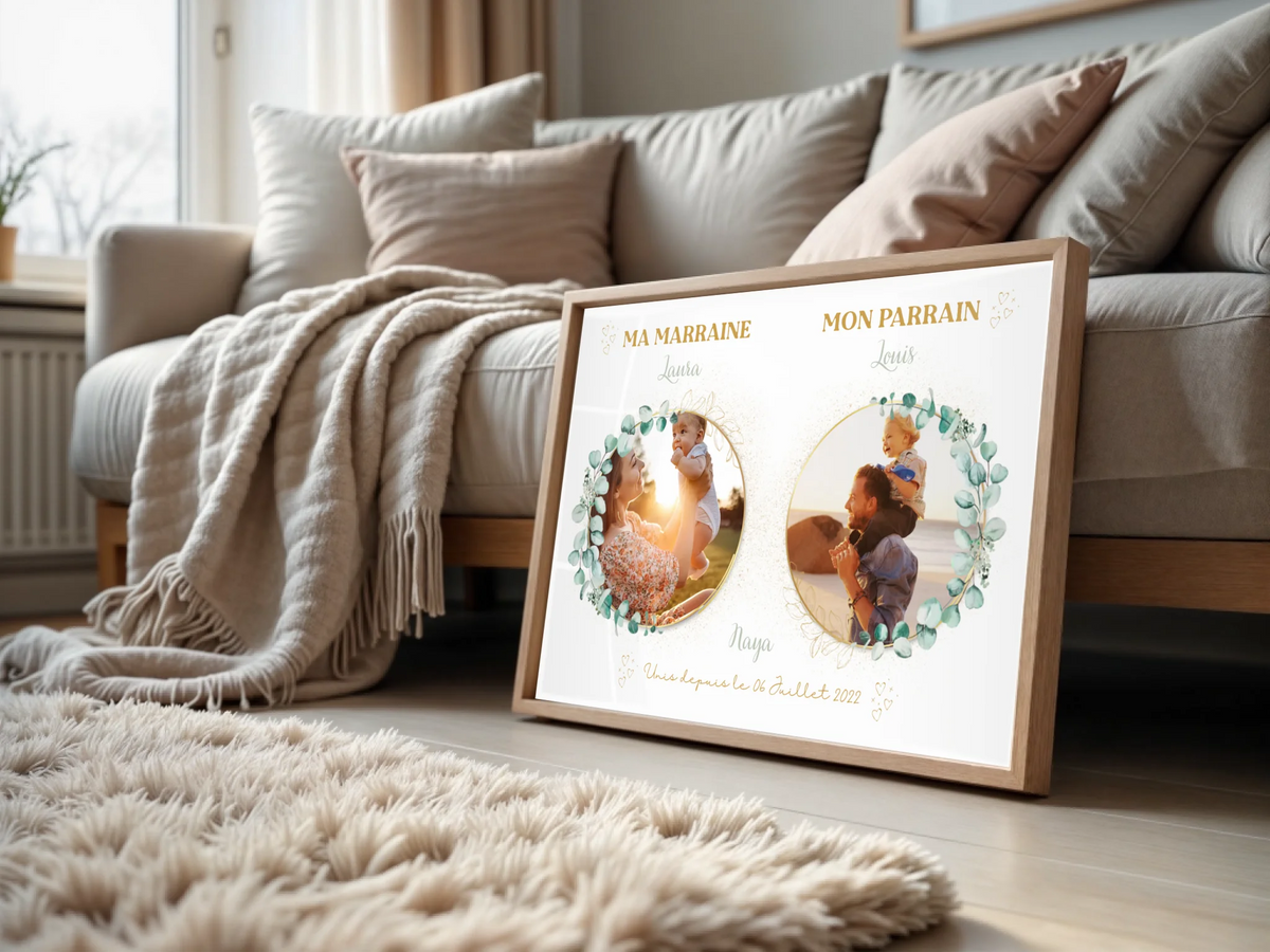 Affiche personnalisée - parrain et marraine avec photos - Baptême champêtre bohème EUCALYPTUS