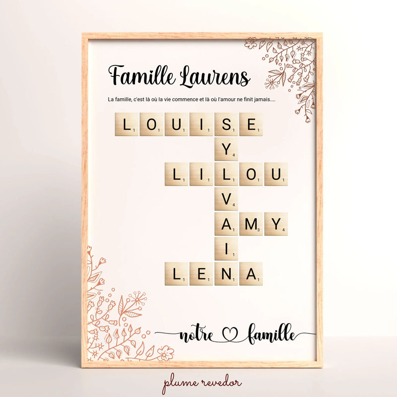 Affiche Famille personnalisée à prénoms croisés et motifs floraux, présentée entière. Cadre non inclus.