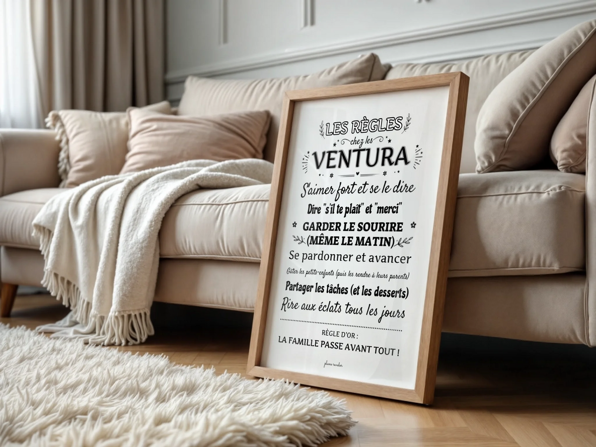 Affiche « Les règles chez les Ventura » encadrée, posée devant un canapé dans un salon lumineux.