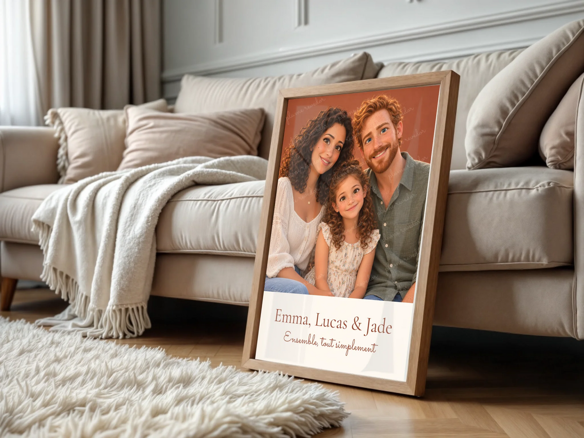 Affiche Ensemble encadrée dans un salon, avec portrait 3D et prénoms de famille. Cadre non inclus.