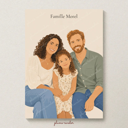 Portrait minimaliste d’une famille avec sourires, sourcils et titre personnalisé