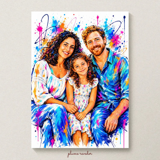 Portrait de famille graffiti aux couleurs vives, créé à partir d’une photo