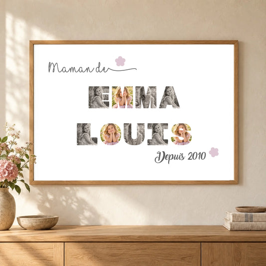 Affiche Maman de Emma et Louis en photos dans un cadre horizontal sur une console en bois