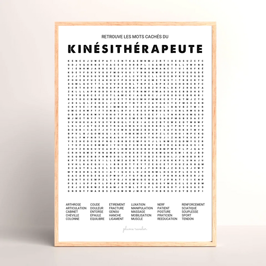 Poster mots mêlés kinésithérapeute encadré dans une salle d'attente de cabinet