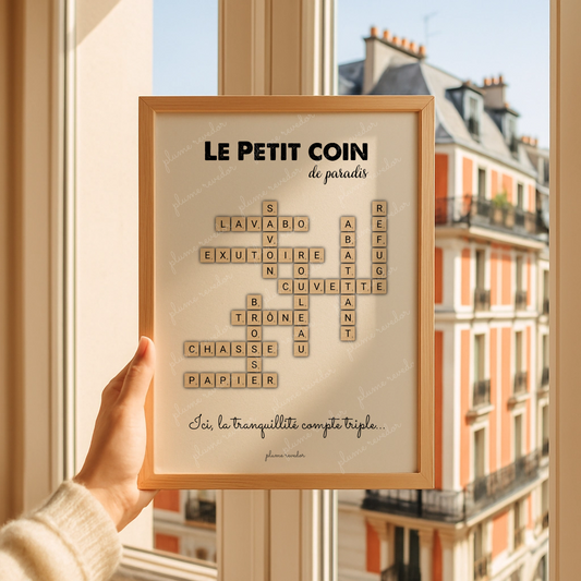 Gros plan de l’affiche “Le petit coin de paradis” et de la phrase “Ici, la tranquillité compte triple”