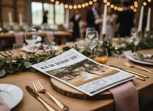 Gazette de mariage posée sur une table décorée le jour J