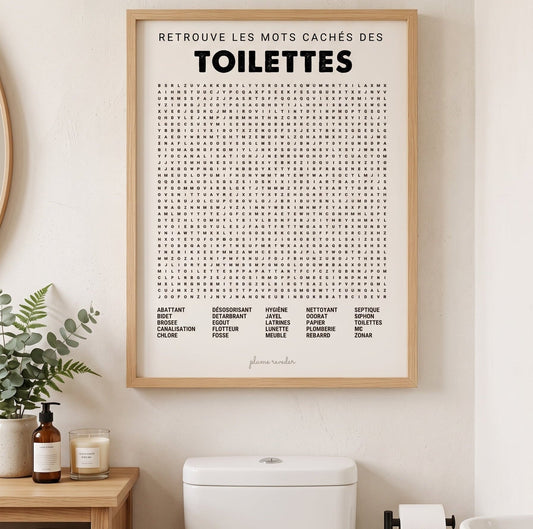 Affiche toilettes mots mêlés présentée dans un cadre en bois au-dessus des WC