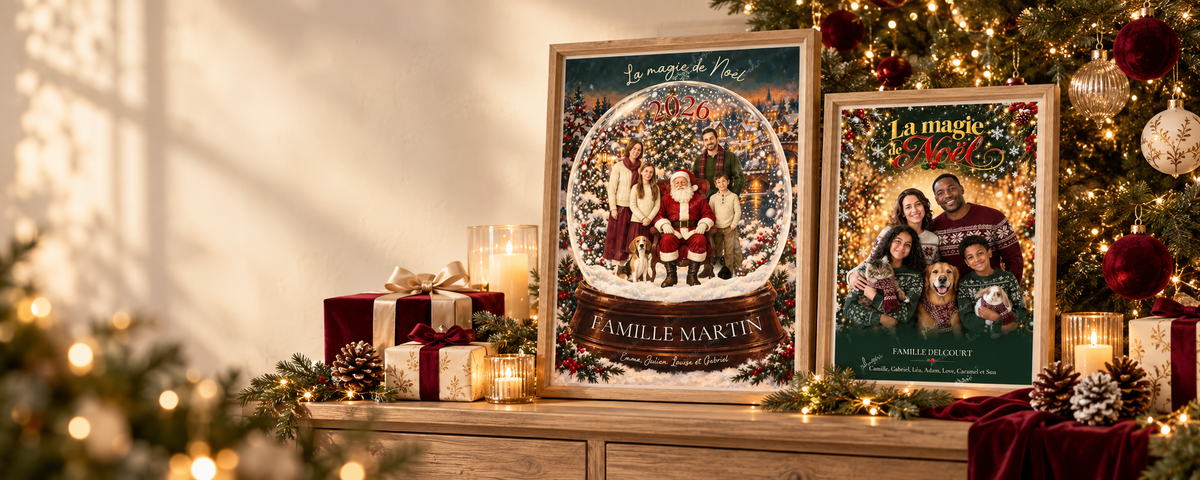 Deux affiches personnalisées de Noël, boule à neige et portrait de famille, dans un décor de sapin illuminé et de cadeaux. Cadres non inclus.