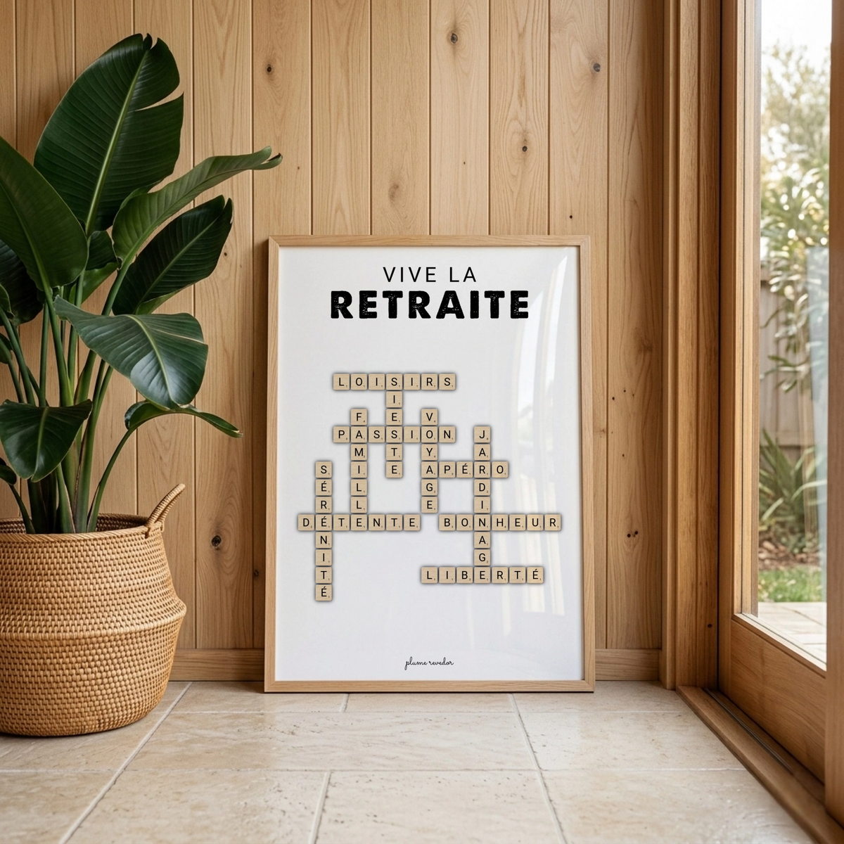 Affiche non personnalisée « Vive la retraite » en mots croisés, dans un cadre clair contre un mur en bois près d’une grande plante.