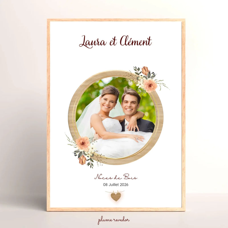 Affiche noces de bois personnalisée, cadeau 5 ans de mariage