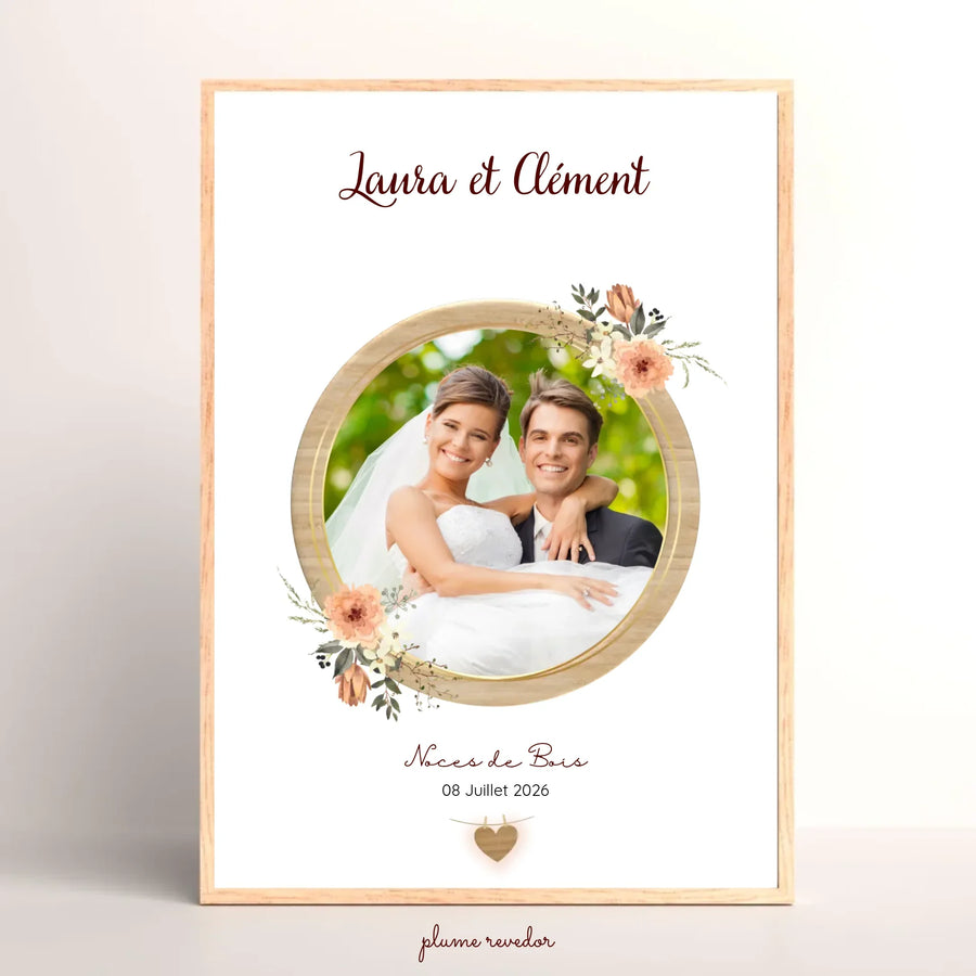 Affiche noces de bois personnalisée, cadeau 5 ans de mariage