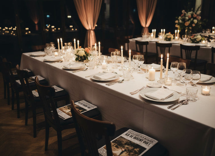 Gazette des mariés posée sur une table de réception de mariage — Plume Revedor