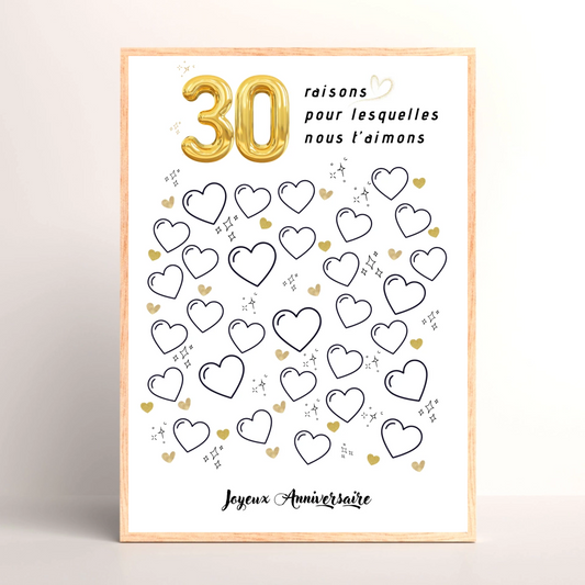 Affiche personnalisée 30 raisons pour lesquelles nous t'aimons - Livre d'OR 30 ans