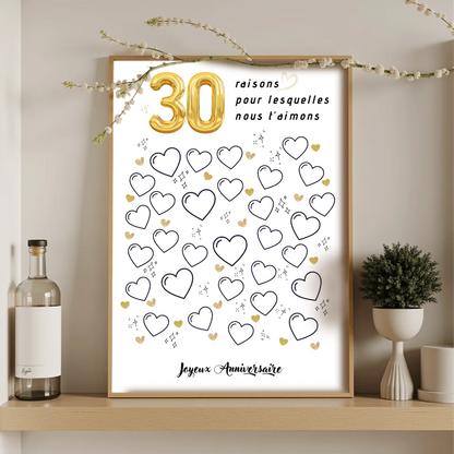 Affiche personnalisée 30 raisons pour lesquelles nous t'aimons - Livre d'OR 30 ans