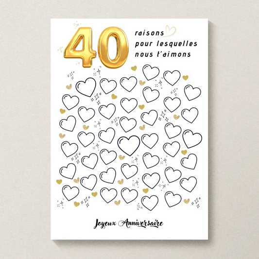 Affiche personnalisée 40 raisons pour lesquelles nous t'aimons - Livre d'OR 40 ans