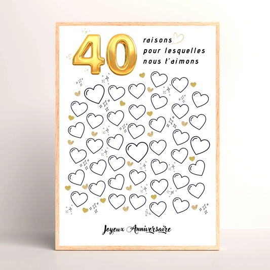 Affiche personnalisée 40 raisons pour lesquelles nous t'aimons - Livre d'OR 40 ans