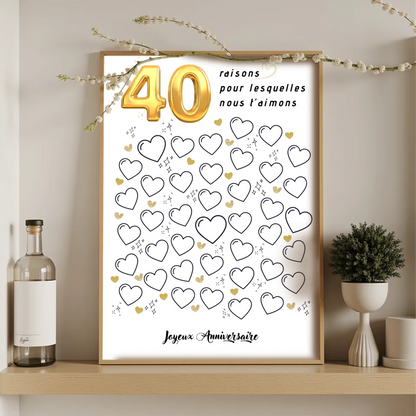 Affiche personnalisée 40 raisons pour lesquelles nous t'aimons - Livre d'OR 40 ans