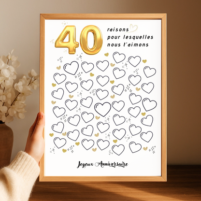 Affiche personnalisée 40 raisons pour lesquelles nous t'aimons - Livre d'OR 40 ans