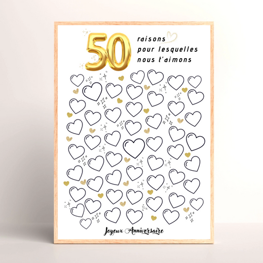 Affiche personnalisée 50 raisons pour lesquelles nous t'aimons - Livre d'OR 50 ans