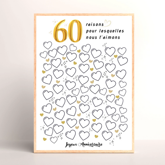 Affiche personnalisée 60 raisons pour lesquelles nous t'aimons - Livre d'OR 60 ans