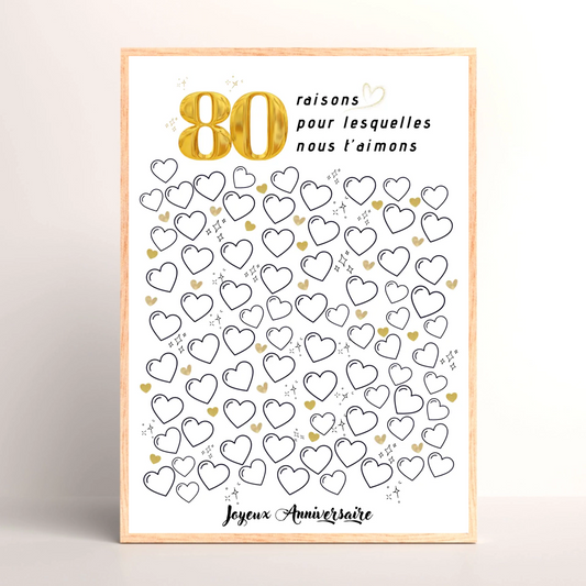 Affiche personnalisée 80 raisons pour lesquelles nous t'aimons - Livre d'OR 80 ans