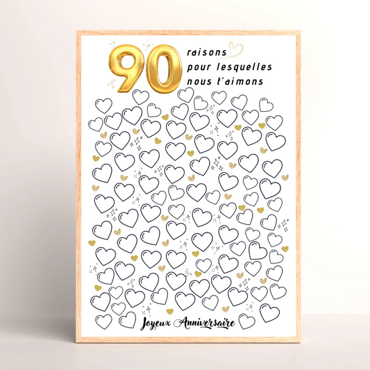 Affiche personnalisée 90 raisons pour lesquelles nous t'aimons - Livre d'OR 90 ans