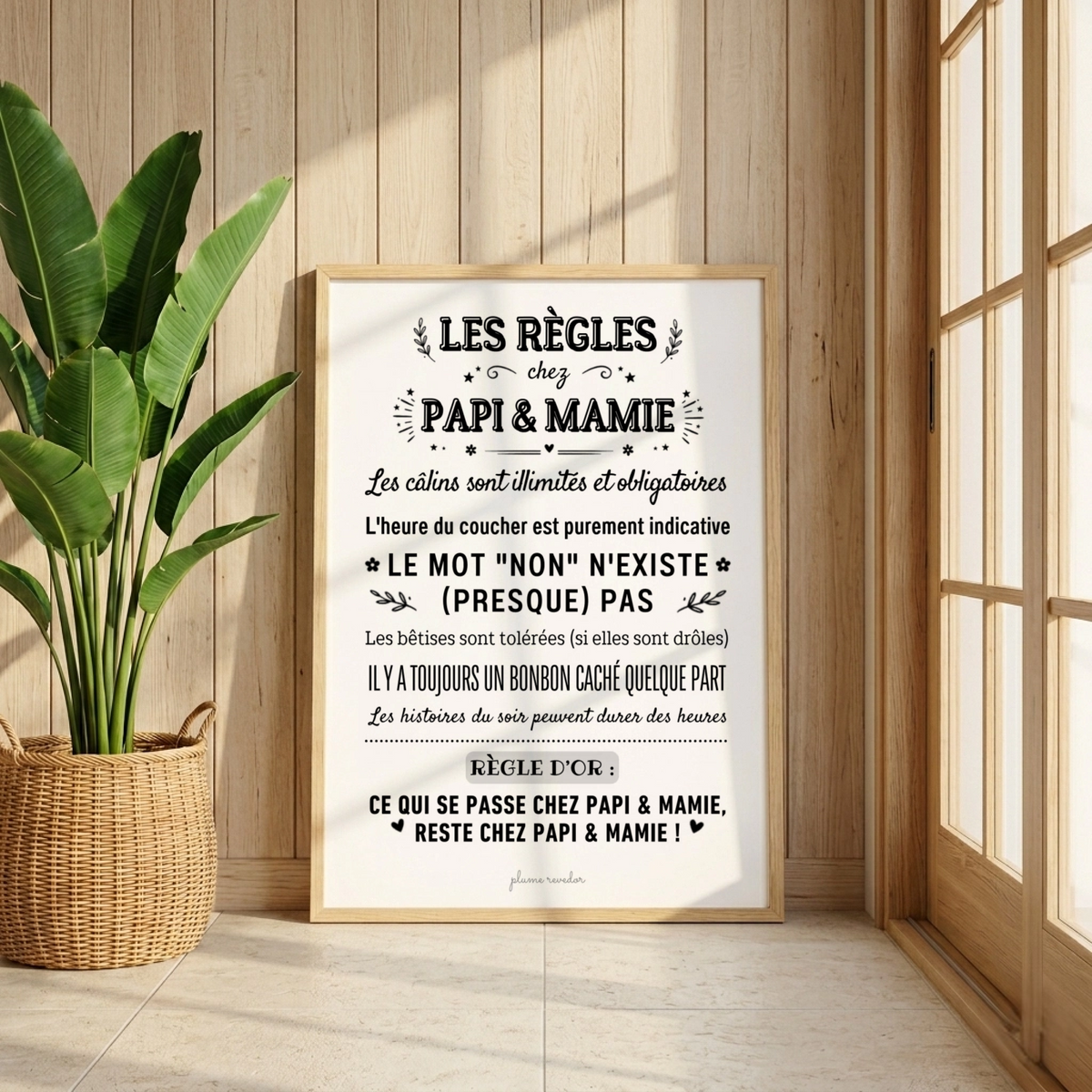 Affiche « Les règles chez Papi & Mamie » appuyée contre un mur en bois, près d'une plante et d'une baie vitrée.
