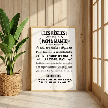 Affiche « Les règles chez Papi & Mamie » appuyée contre un mur en bois, près d'une plante et d'une baie vitrée.