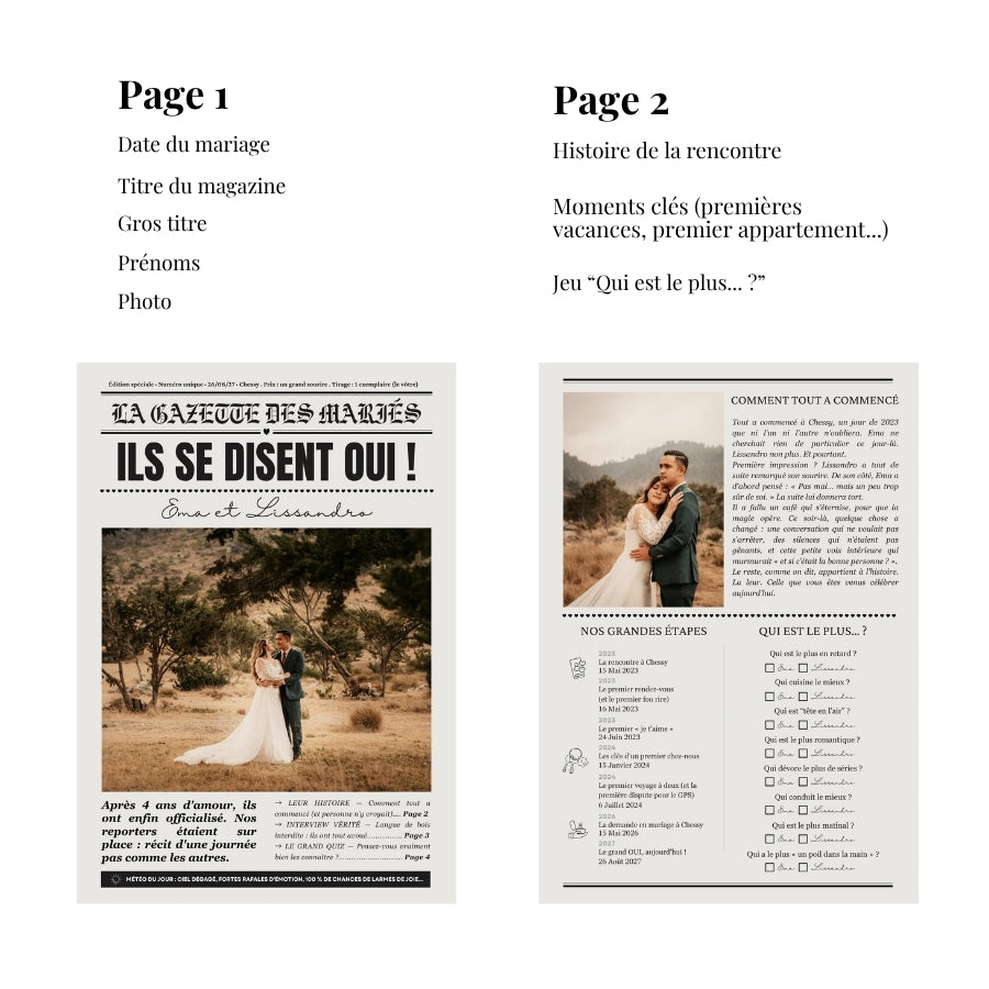 Gazette des mariés ouverte sur une double page personnalisée