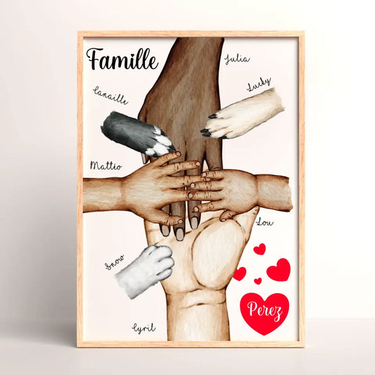 Affiche Famille Personnalisée - Mains et animaux - Cadeau personnalisé famille