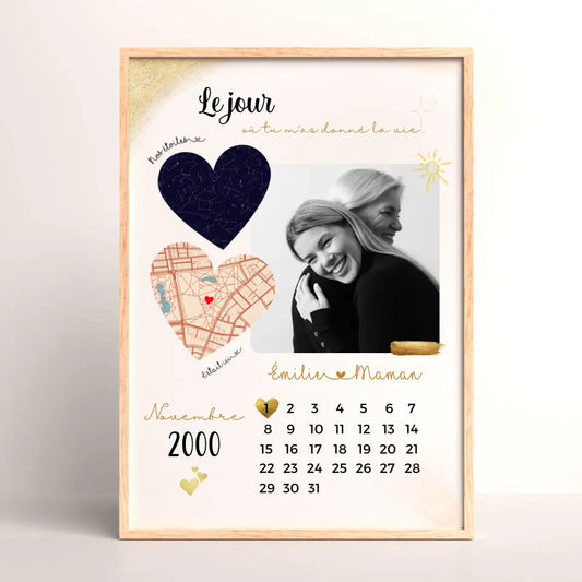 Affiche Personnalisée Maman Calendrier avec Photo, Plan et Carte des étoiles - cadeau personnalisé maman