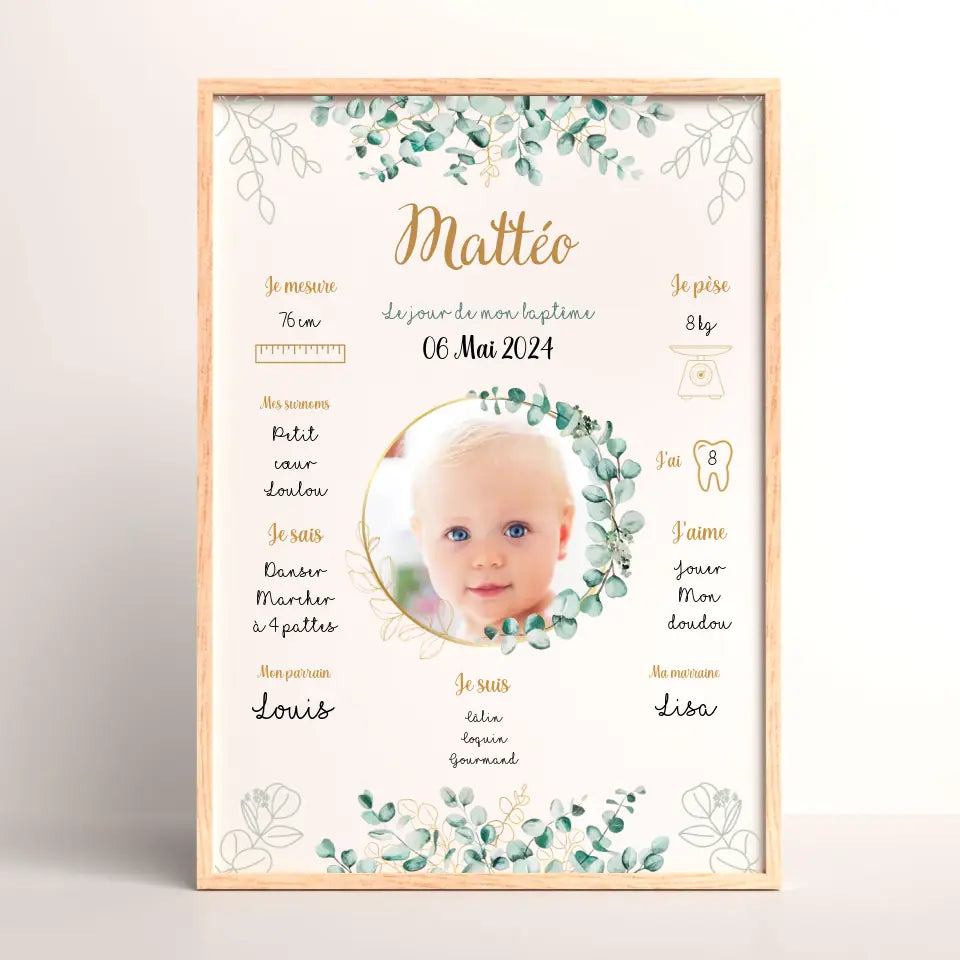 Affiche personnalisée Baptême ou Anniversaire eucalyptus