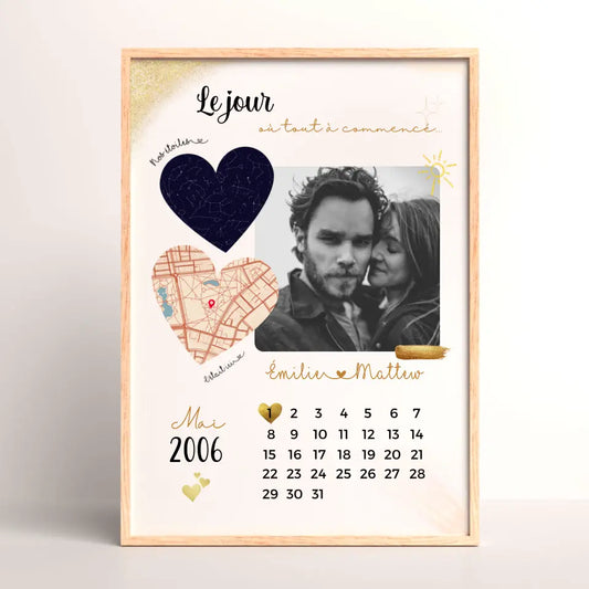 Affiche Personnalisée - couple Calendrier date, photo, Plan et Carte des étoiles