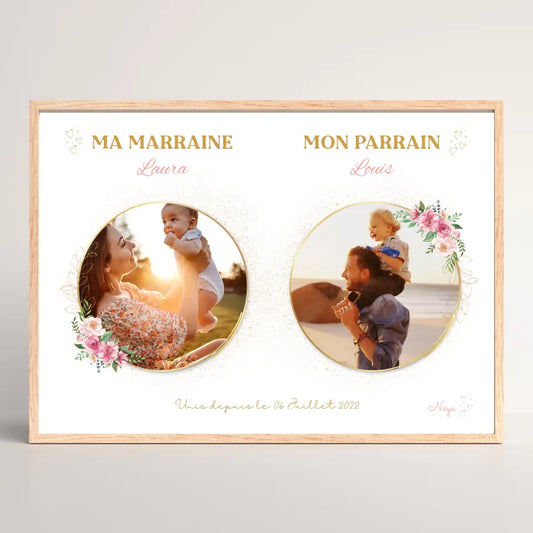 Affiche personnalisée - parrain et marraine avec photos - Baptême champêtre bohème rose