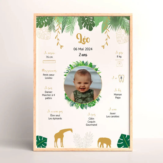 Affiche personnalisée - Anniversaire Baptême Jungle Girafe éléphant