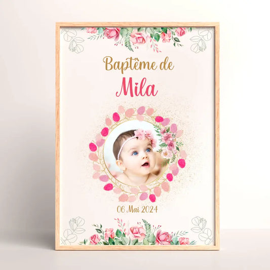 Affiche personnalisée Baptême ou Anniversaire arbre à empreintes baptême "Bohème Roses"