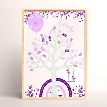 Affiche personnalisée - Baptême ou Anniversaire arbre à empreintes arc-en-ciel violet