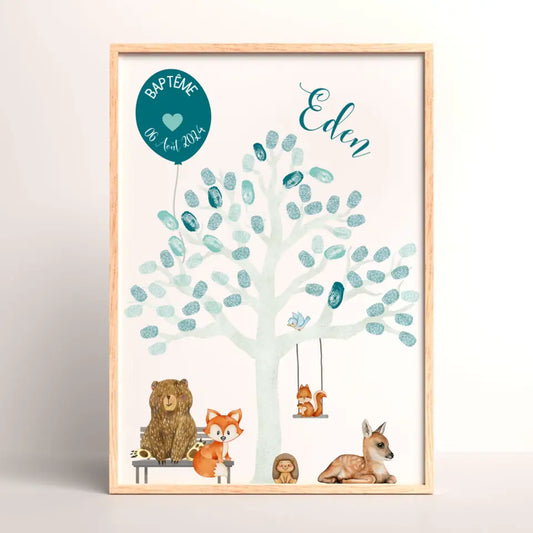 Affiche personnalisée - Baptême ou Anniversaire arbre à empreintes animaux de la forêt bleu