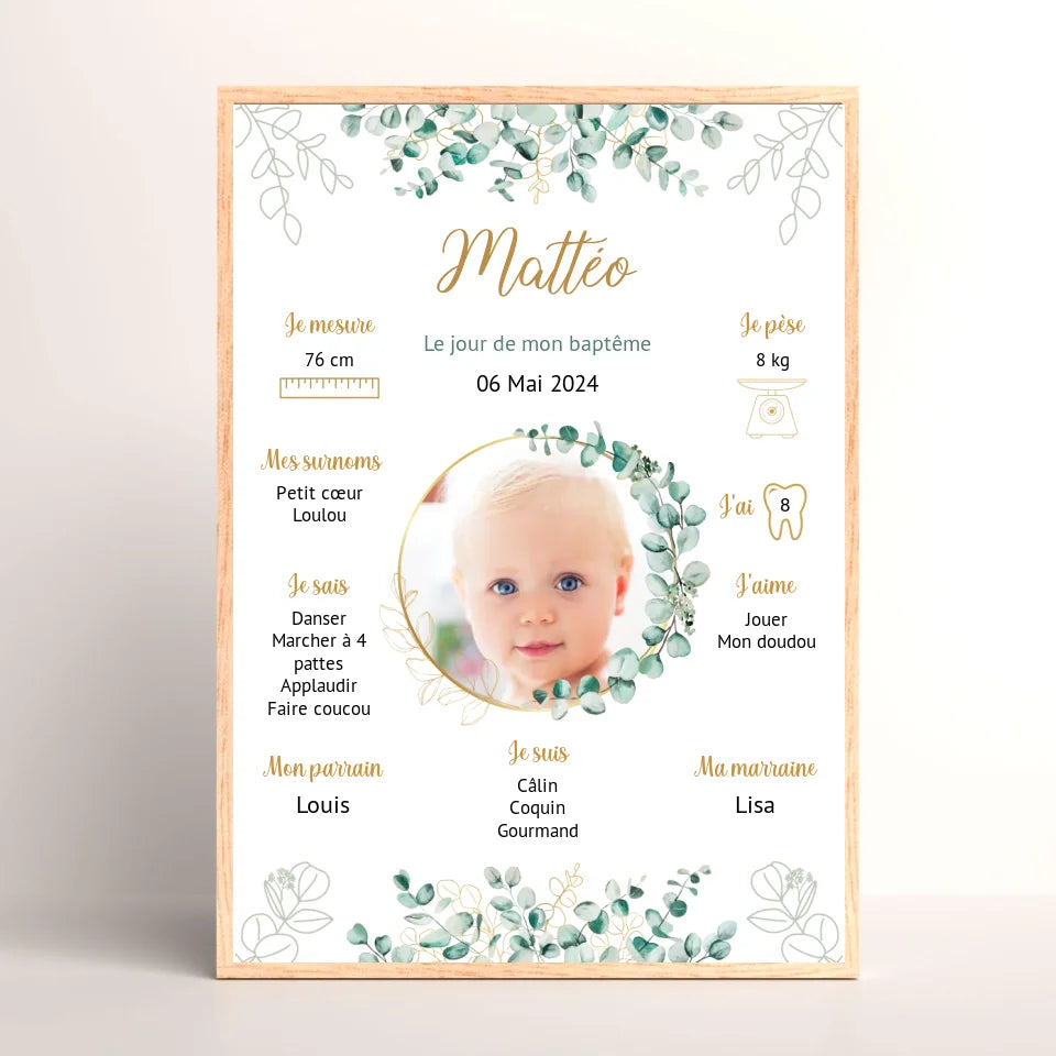 Affiche personnalisée Baptême ou Anniversaire eucalyptus