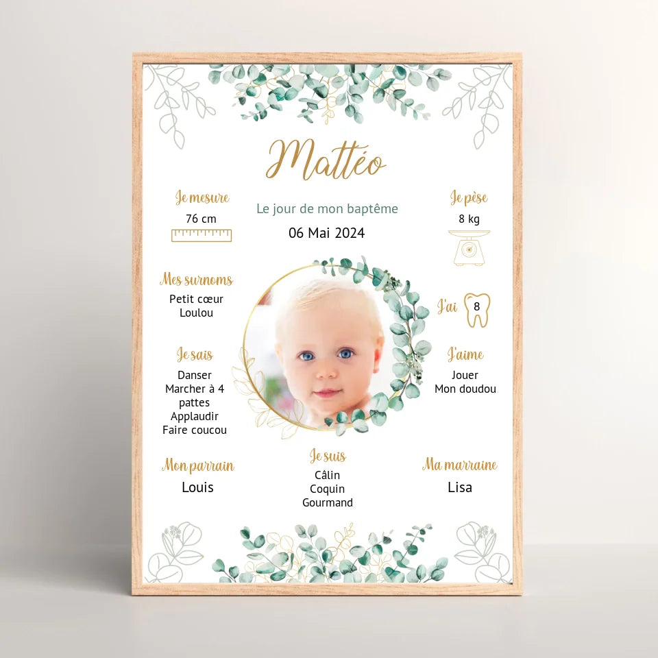 Affiche personnalisée Baptême ou Anniversaire eucalyptus