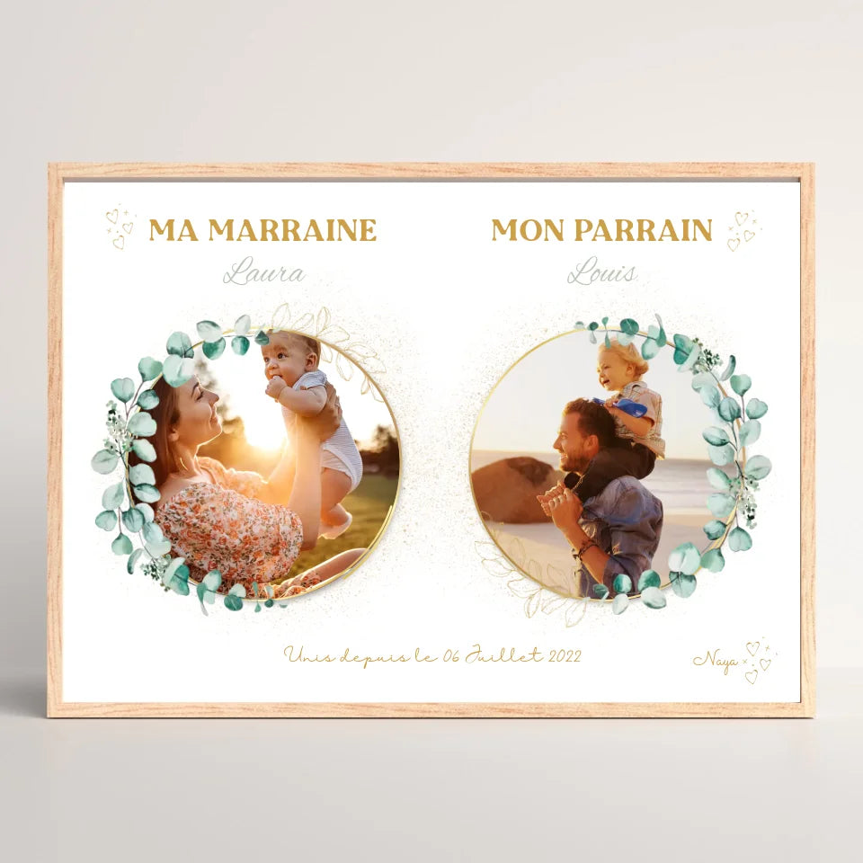 Affiche personnalisée - parrain et marraine avec photos - Baptême champêtre bohème EUCALYPTUS