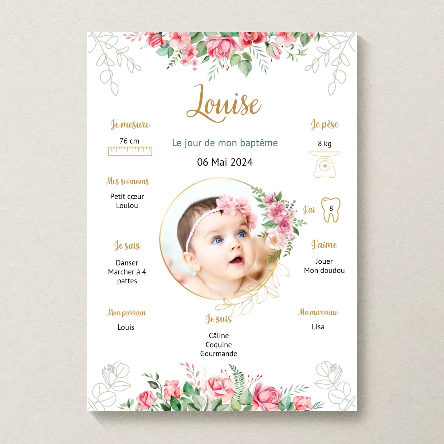 Affiche personnalisée Baptême ou Anniversaire "Bohème Roses"