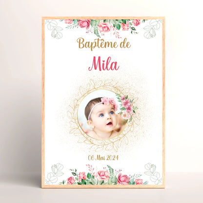 Affiche personnalisée Baptême ou Anniversaire arbre à empreintes baptême "Bohème Roses"
