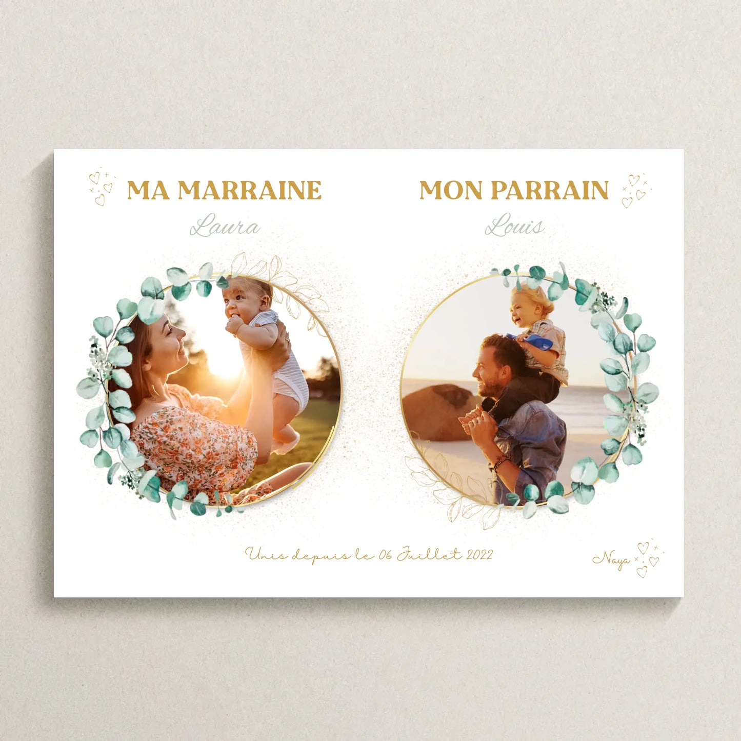 Affiche personnalisée - parrain et marraine avec photos - Baptême champêtre bohème EUCALYPTUS