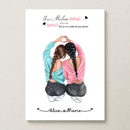 Affiche Personnalisée Meilleures Amies Nattes cœur
